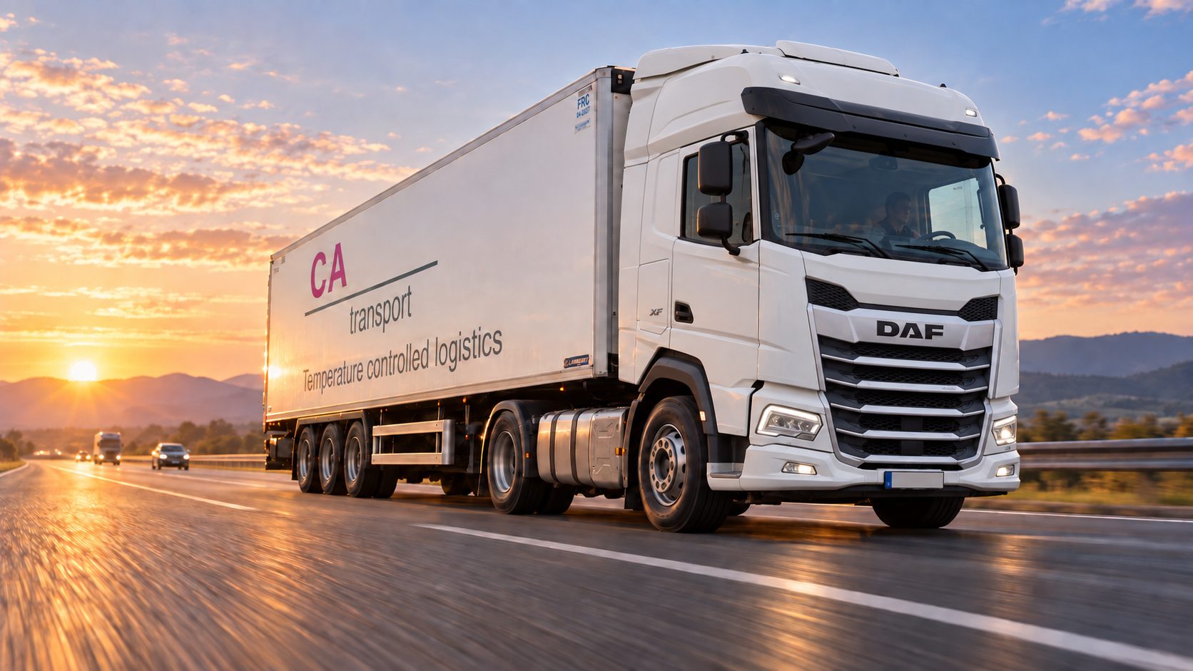 Хладилен камион на CA Transport по магистрала при залез
